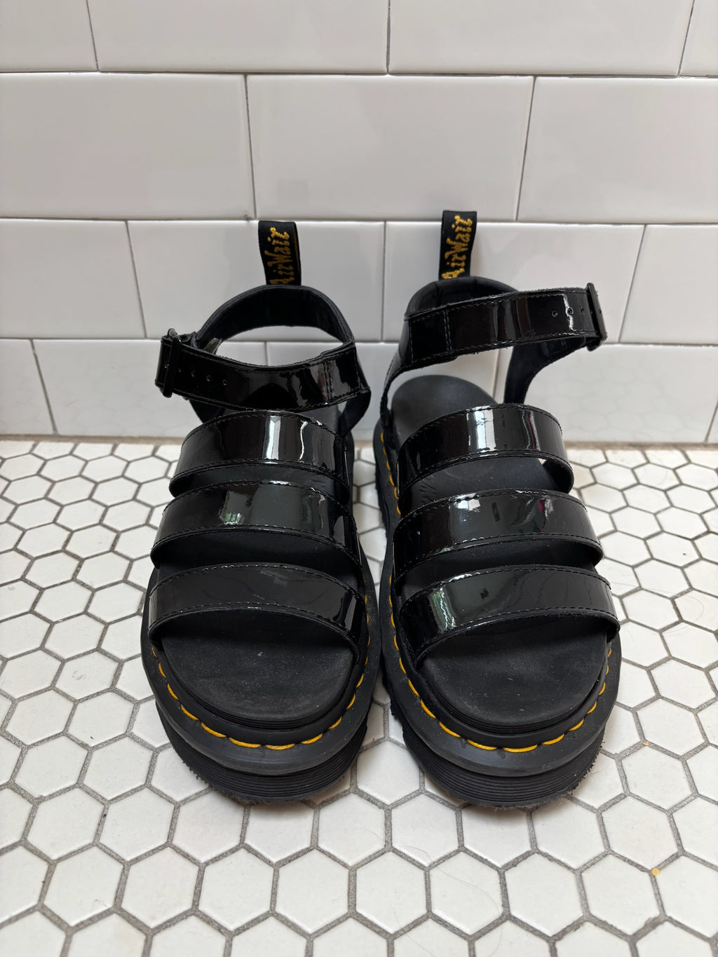 Dr. Martens Blaire Platform Sandals — Black Patent Leather, Size 9