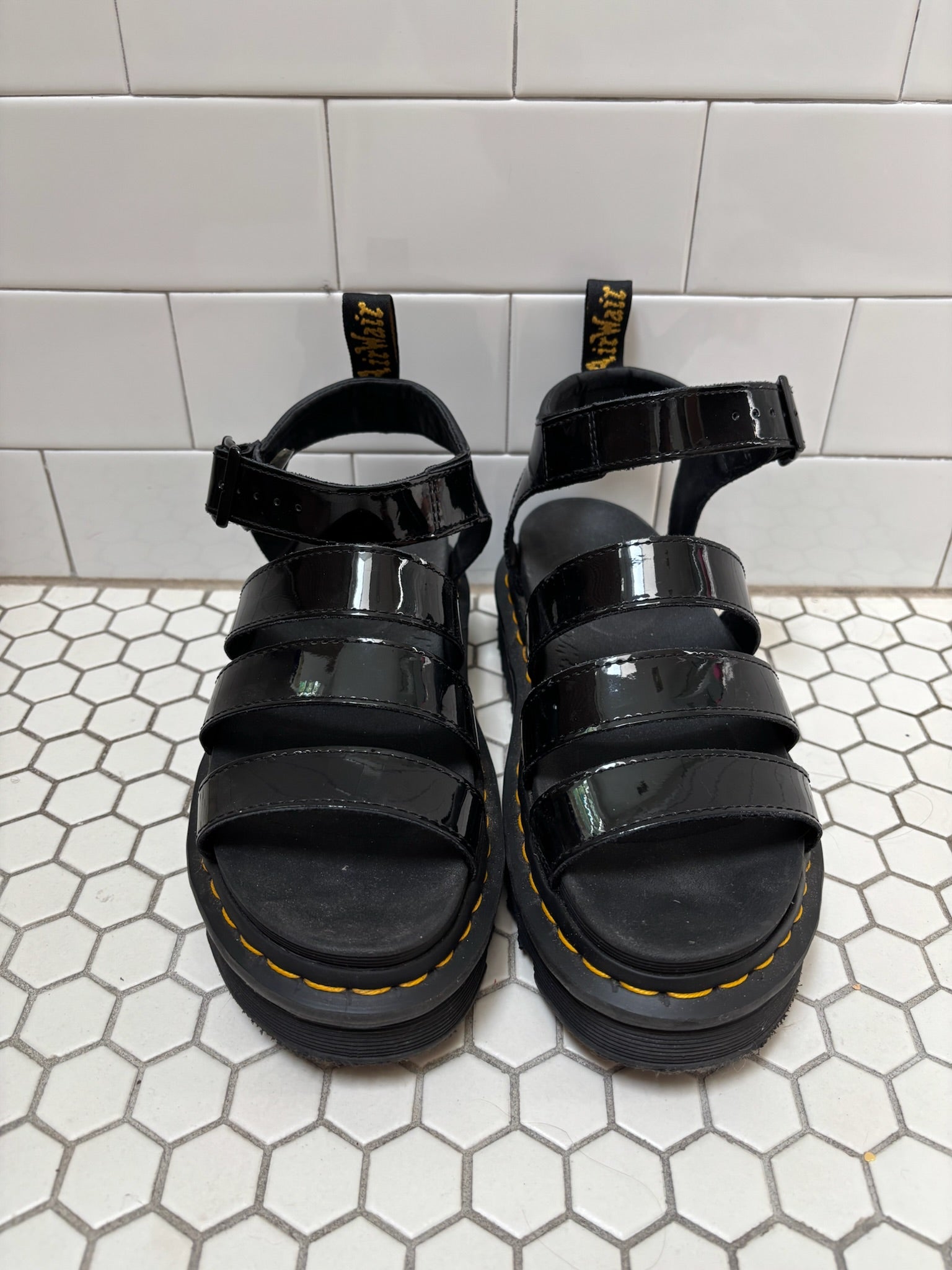 Dr. Martens Blaire Platform Sandals — Black Patent Leather, Size 9