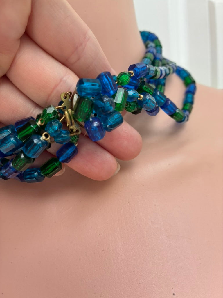 Monet Vintage Multi-Strand Glass Bead Necklace in Sapphire & Emerald