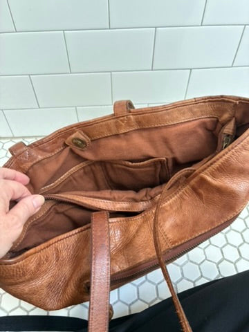 Vintage Hand-Woven Cognac Leather Tote Bag | Herringbone Weave | Gold Turn-Lock | Front Zip Pocket