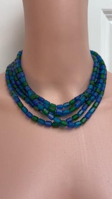 Monet Vintage Multi-Strand Glass Bead Necklace in Sapphire & Emerald