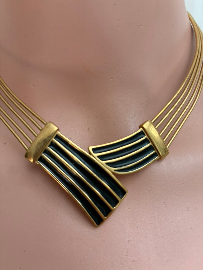 Vintage Gold-Tone Multi-Wire Collar Necklace with Black Enamel Pendant
