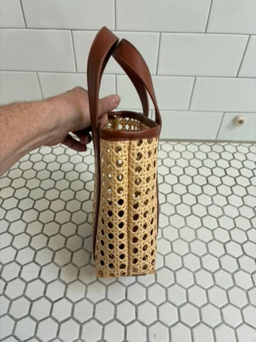 Vintage Woven Cane Tote with Cognac Leather Trim