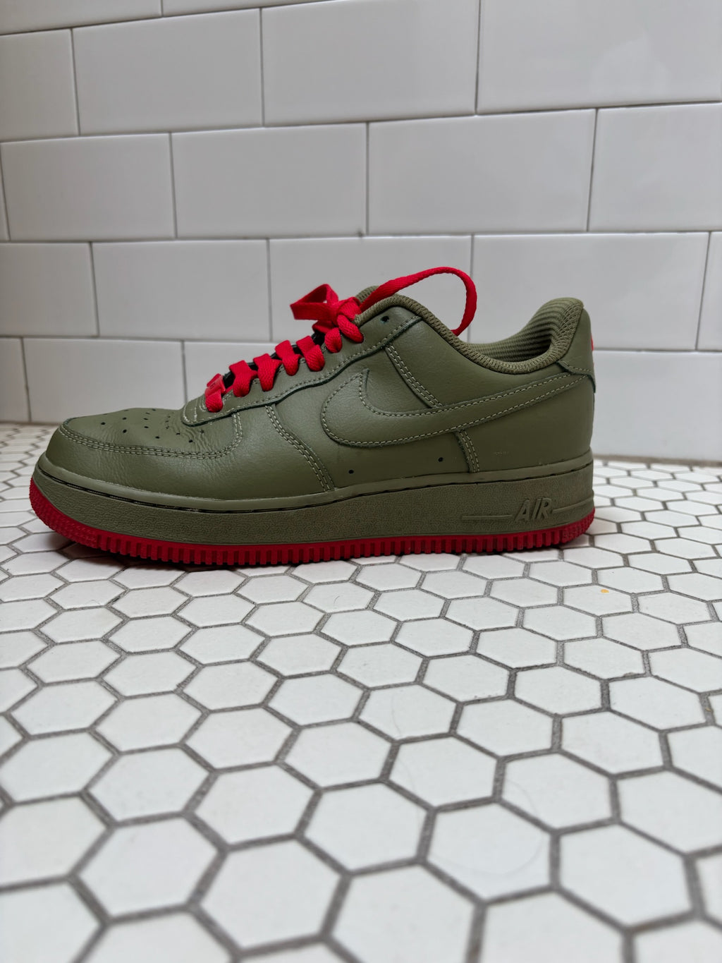Custom Red Bottom Nike Air Force 1 Low — Olive Green & Red, Size 8.5