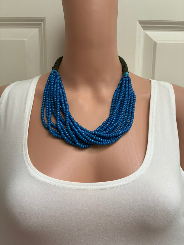 Vintage Multi-Strand Electric Blue Seed Bead Necklace with Dark Fabric Collar