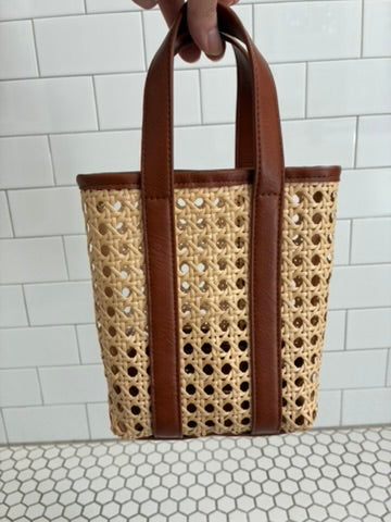 Vintage Woven Cane Tote with Cognac Leather Trim