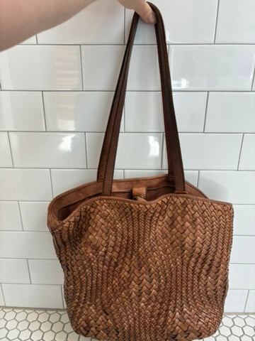 Vintage Hand-Woven Cognac Leather Tote Bag | Herringbone Weave | Gold Turn-Lock | Front Zip Pocket