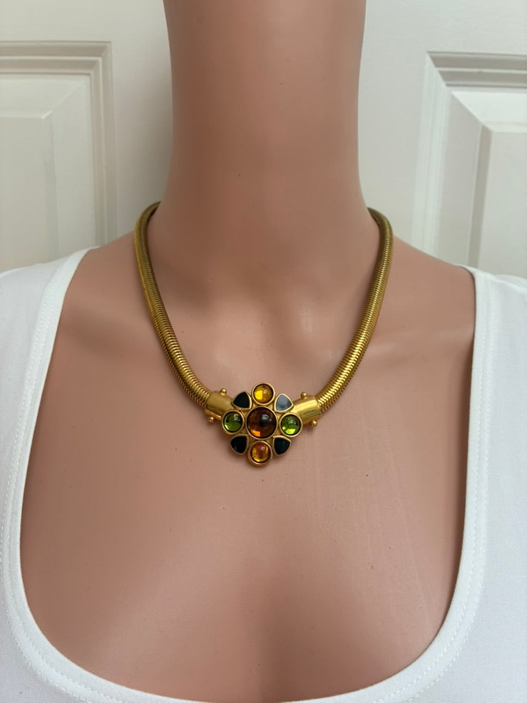 Yves Saint Laurent Vintage Gold Snake Chain Necklace with Multicolor Cabochon Pendant