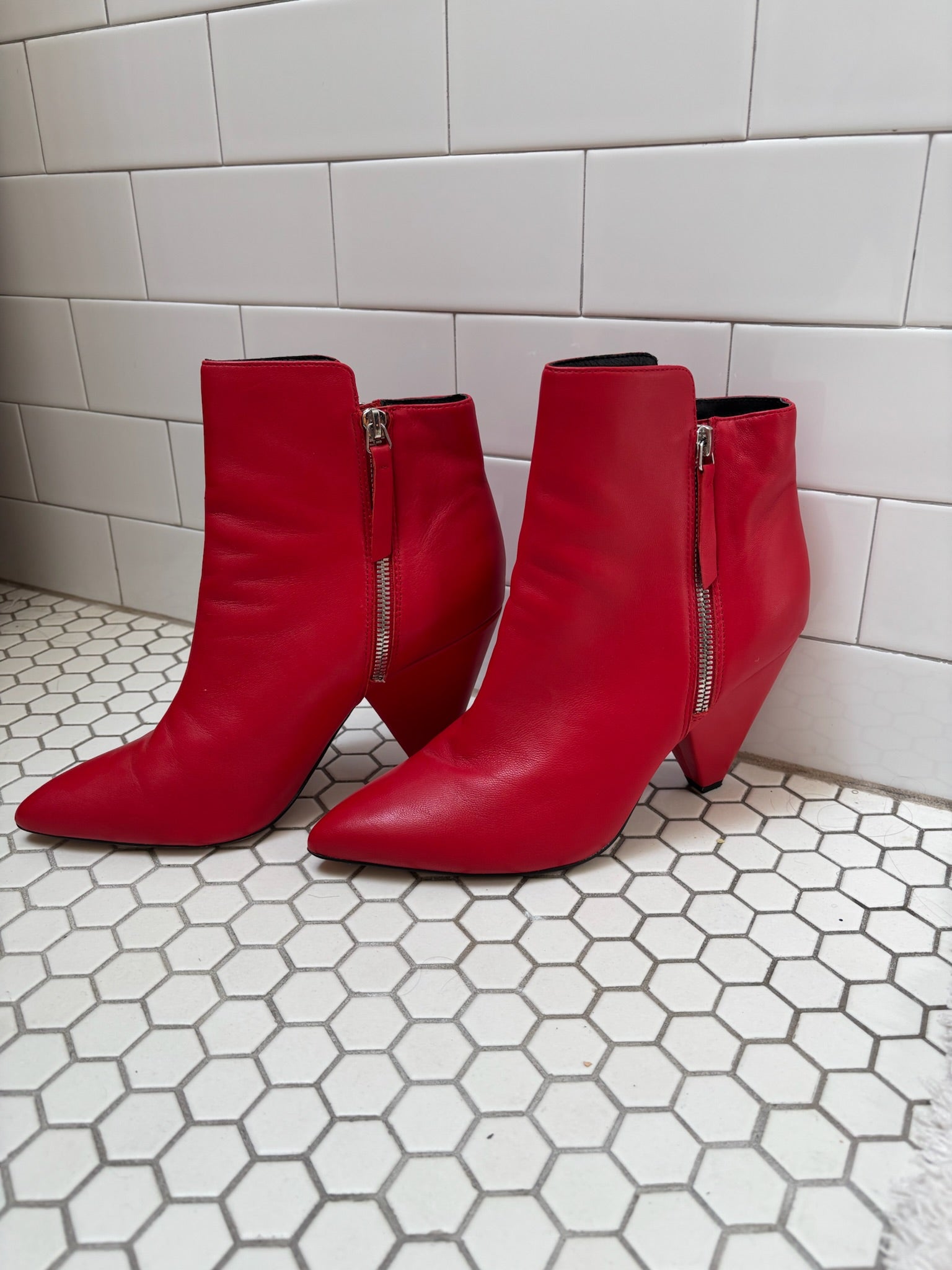 Kenneth Cole Red Leather Ankle Booties — Cone Heel, Size 8.5