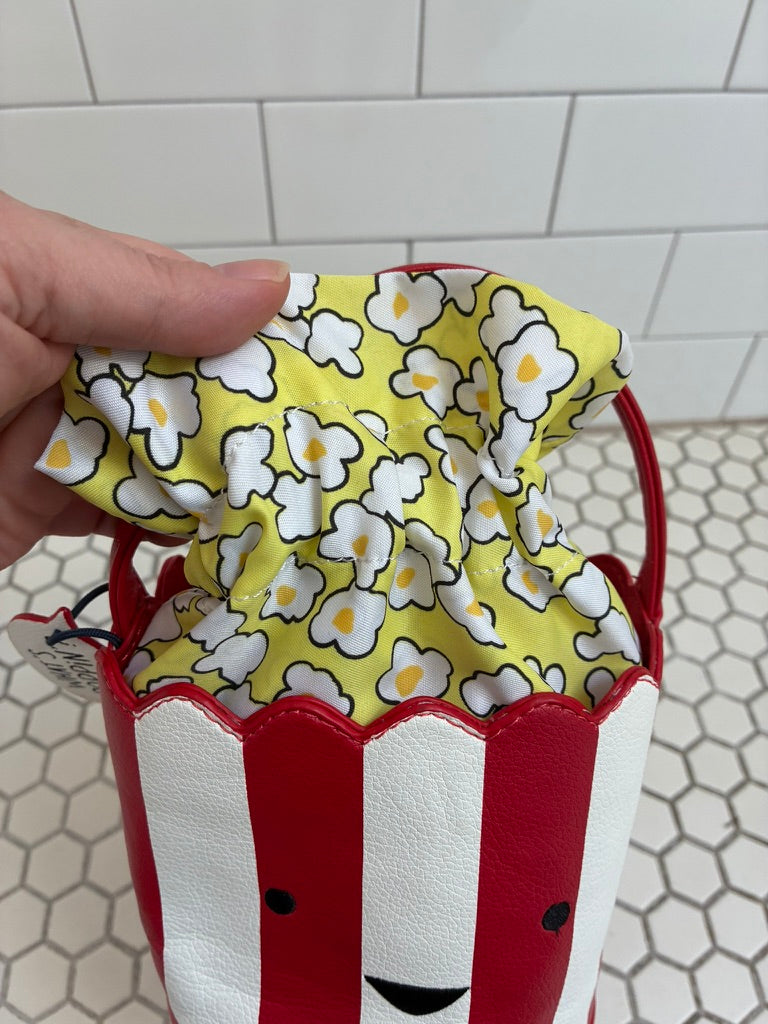 Novelty Popcorn Bucket Bag | Red & White Striped Faux Leather | Smiley Face | Popcorn Print Interior