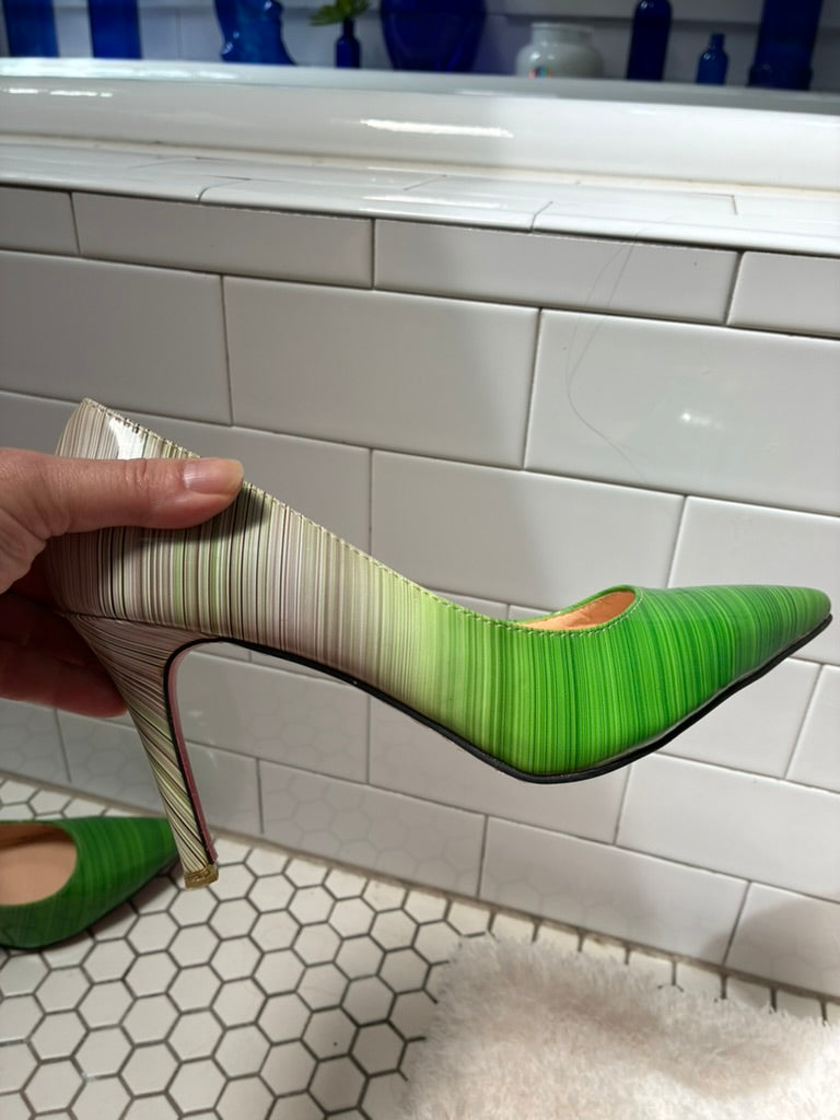 Green to Gold Ombré Stiletto Pumps | Red Sole | Pointed Toe | Size 8.5