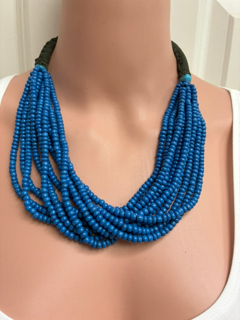 Vintage Multi-Strand Electric Blue Seed Bead Necklace with Dark Fabric Collar