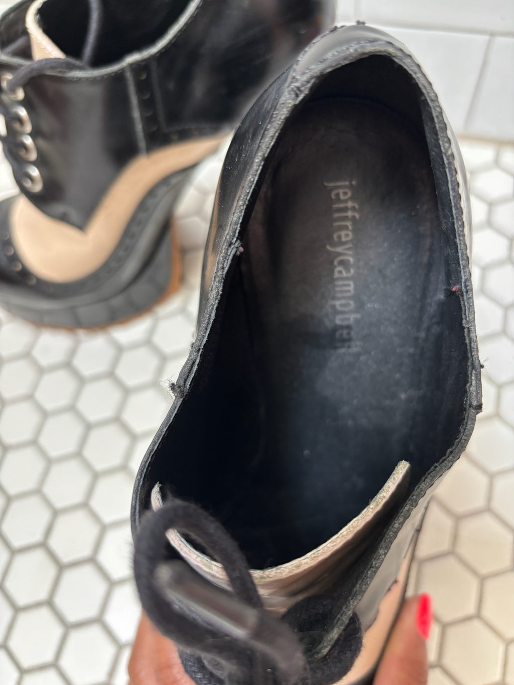 Jeffrey Campbell Black & Nude Lace-Up Platform Heels — 6" Platform, Size 8.5