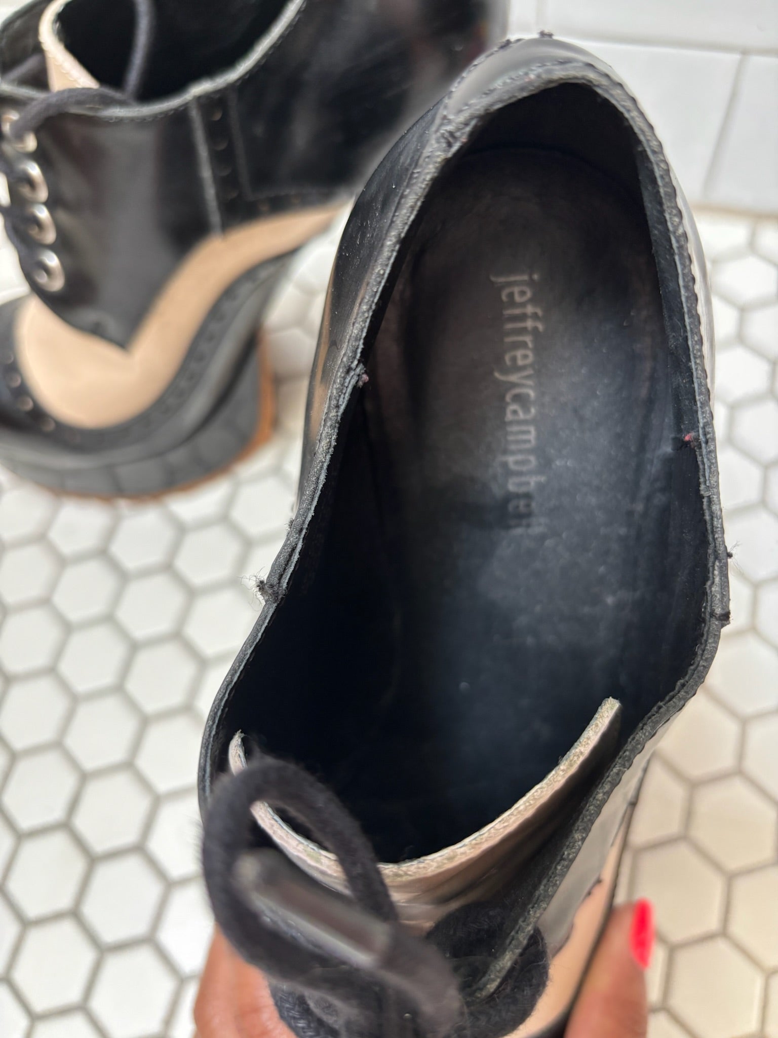 Jeffrey Campbell Black & Nude Lace-Up Platform Heels — 6" Platform, Size 8.5