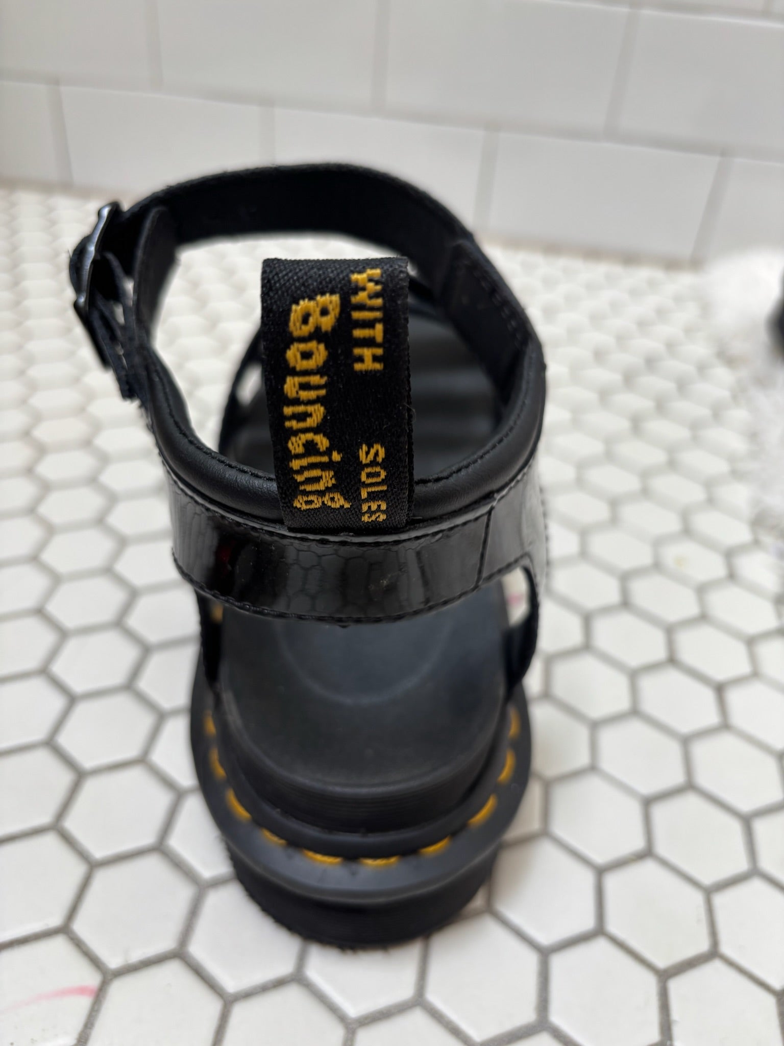 Dr. Martens Blaire Platform Sandals — Black Patent Leather, Size 9