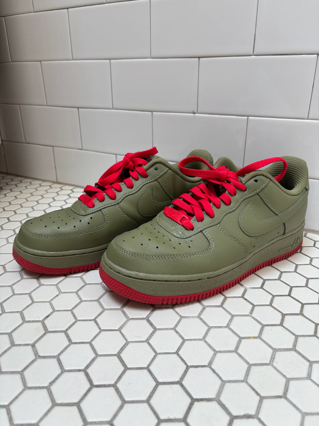 Custom Red Bottom Nike Air Force 1 Low — Olive Green & Red, Size 8.5