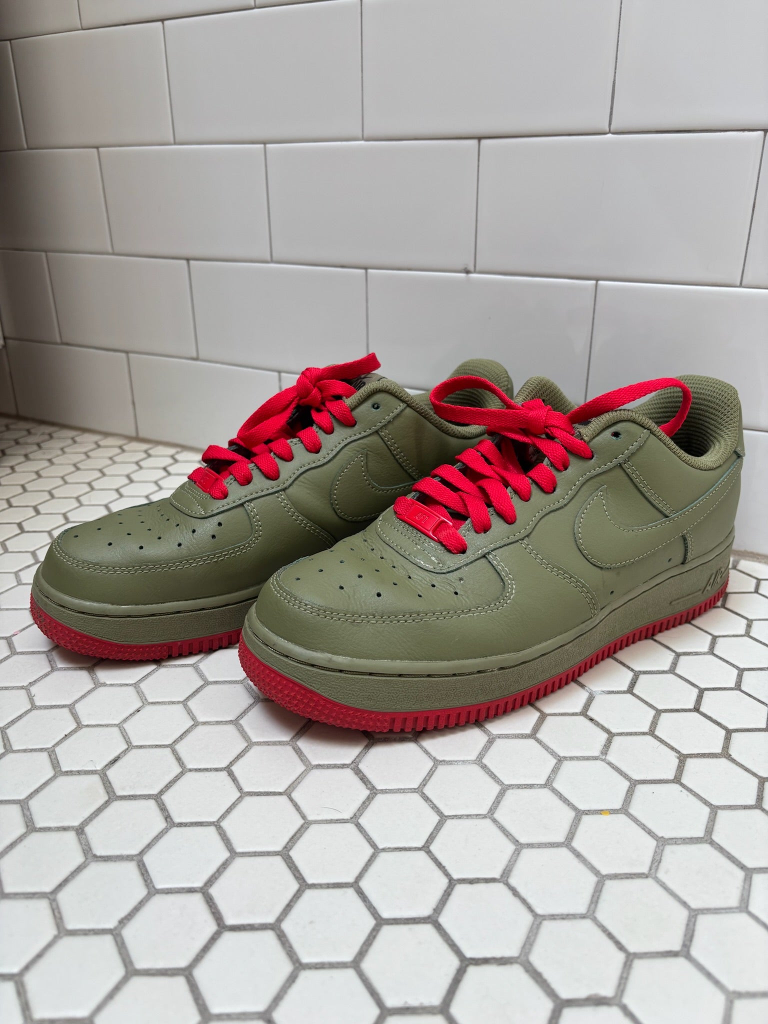 Custom Red Bottom Nike Air Force 1 Low — Olive Green & Red, Size 8.5