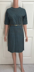 Vintage Teal Plaid Belted Sheath Dress