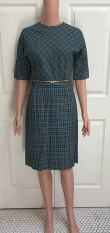 Vintage Teal Plaid Belted Sheath Dress