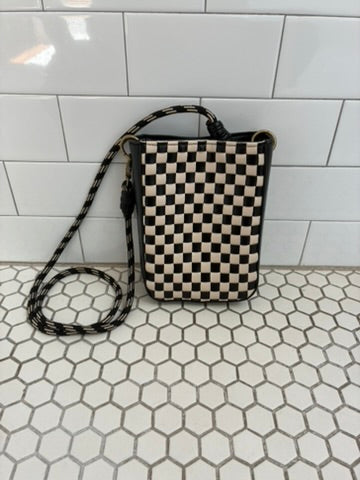 Checkerboard Woven Leather Mini Crossbody Phone Bag | Black & White | Braided Rope Strap | Zip Top