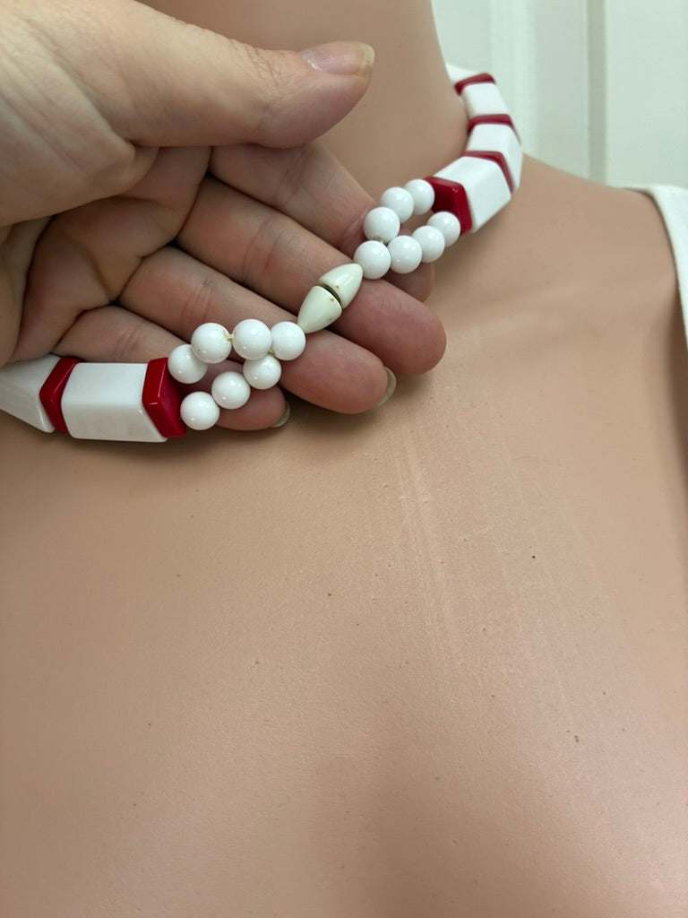 Vintage Red & White Lucite Choker Necklace with Hidden Barrel Clasp
