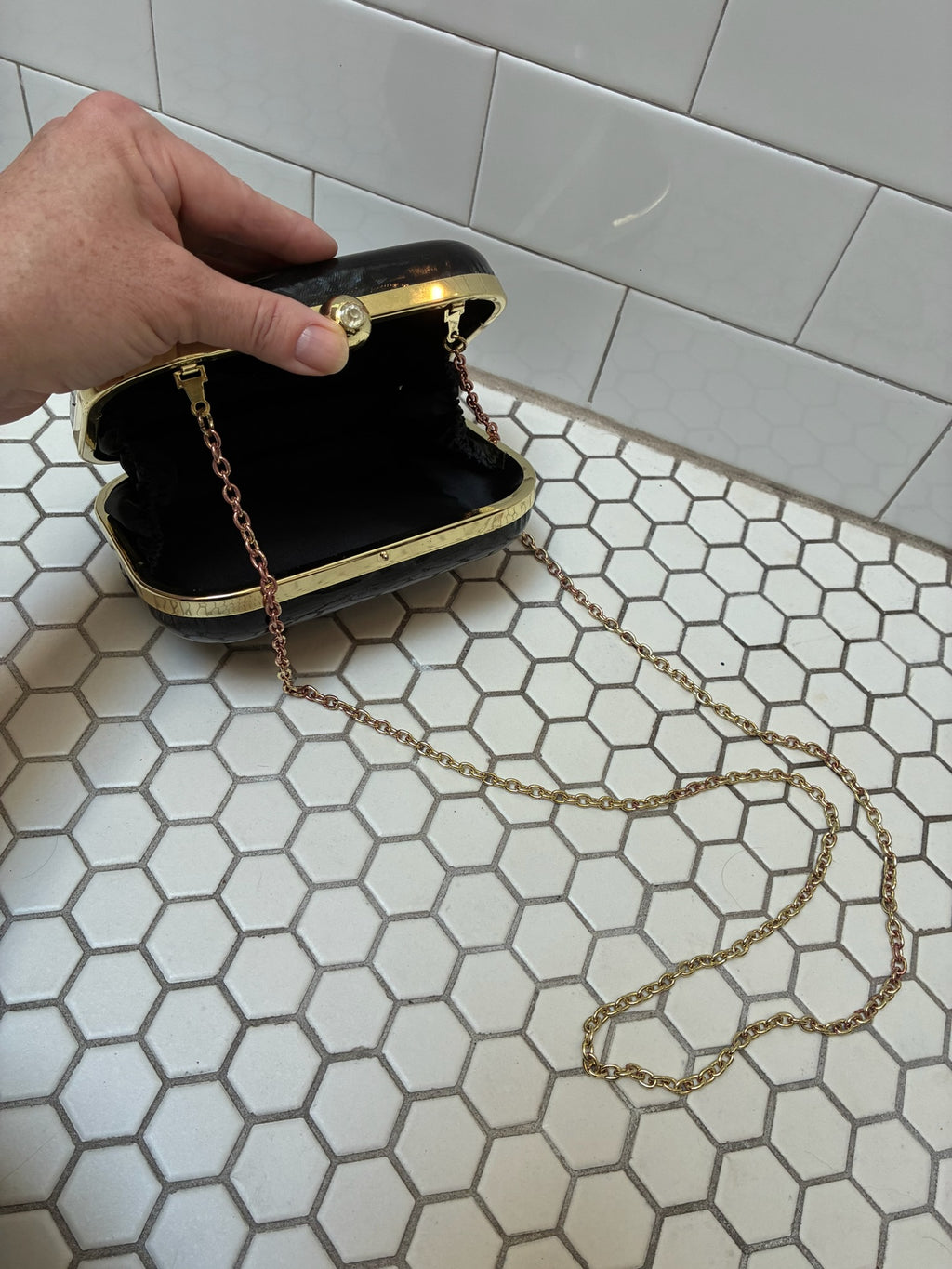 "Happy" Patent Black & Gold Minaudière Clutch