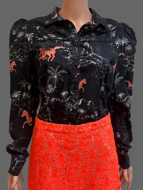 ASOS Black Horse & Palm Tree Print Blouse | Puffy Sleeves | US Size 12