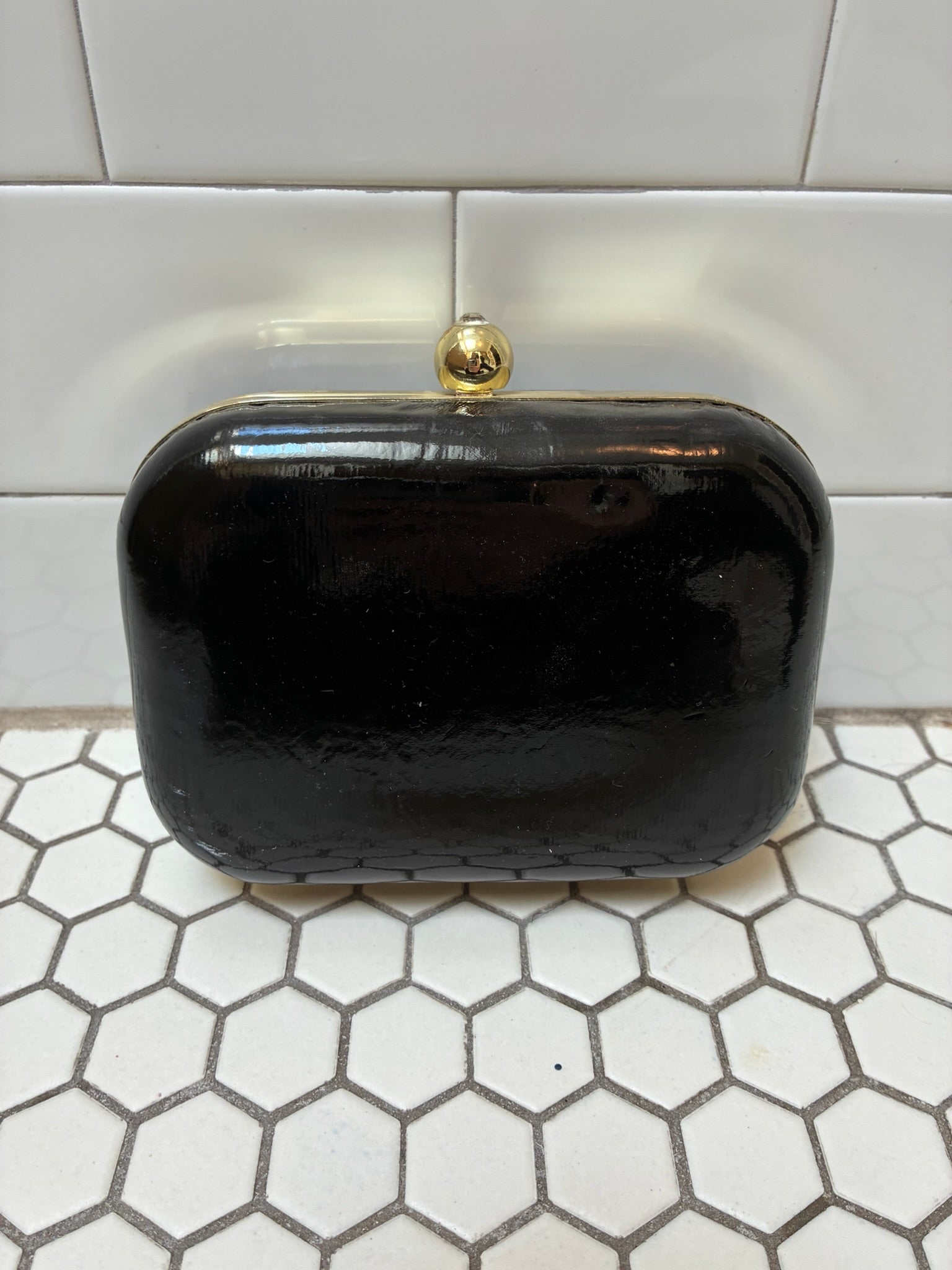 "Happy" Patent Black & Gold Minaudière Clutch