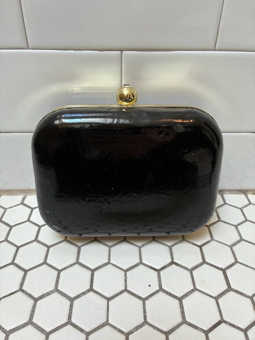 "Happy" Patent Black & Gold Minaudière Clutch