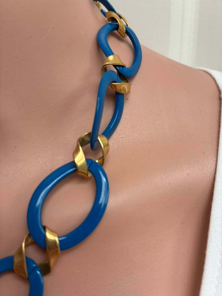 Monet Vintage Cobalt Blue Enamel & Gold-Tone Oval Link Chain Necklace