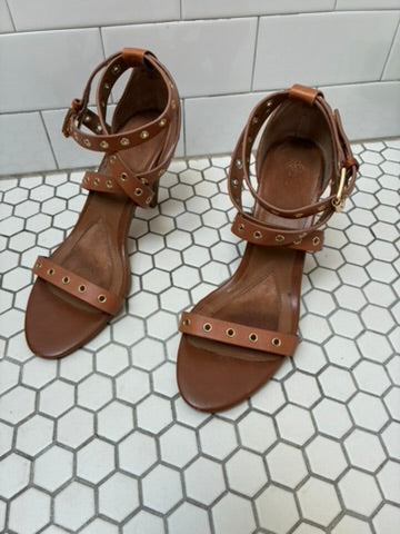 Isola Cognac Brown Leather Strappy Heeled Sandals | Gold Grommet Detail | Size 8.5
