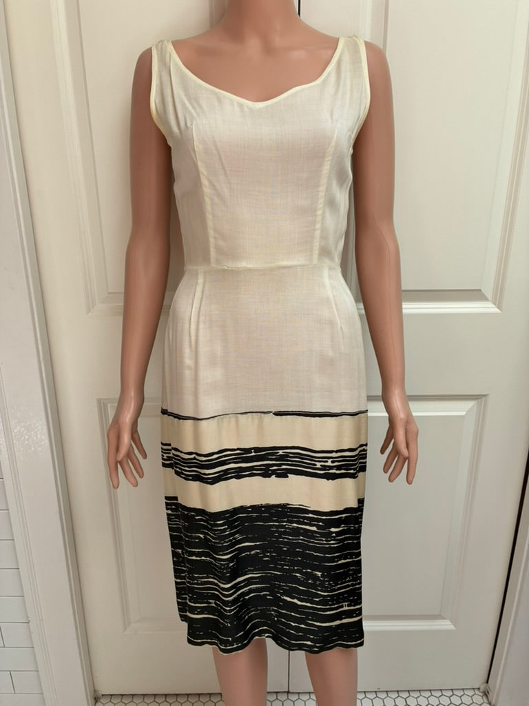 Vintage 1960s Abstract Brushstroke Two-Piece Set | Tunic & Pencil Skirt | Black & Cream | Size 4