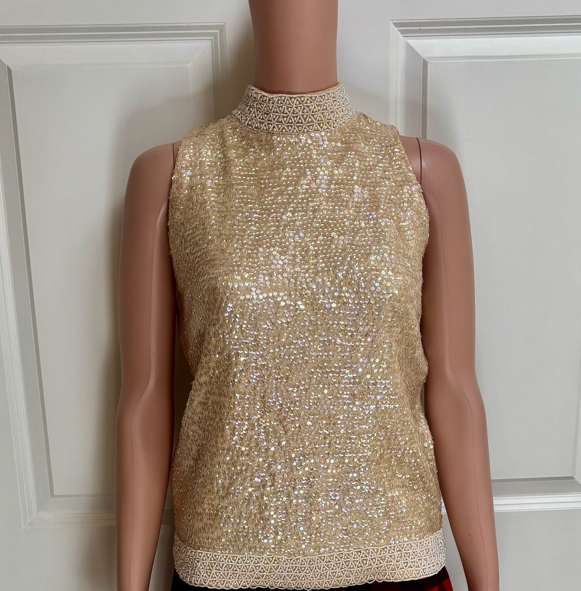 Giannino Vintage 1960s Gold Sequin & Pearl Mock Turtleneck Top — Size 8