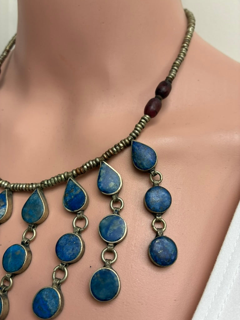 Vintage Tribal Lapis Lazuli Cascade Bib Necklace with Brass Rondelle Chain