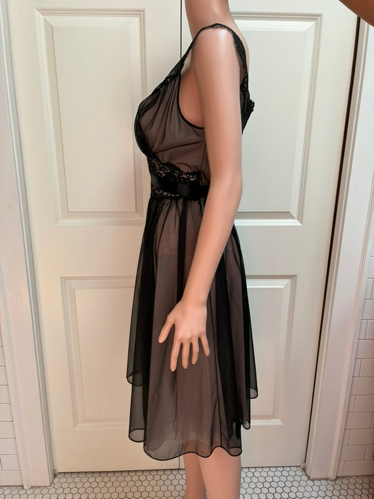 Vintage Black Sheer Chiffon Lace Negligee Dress | Satin Bow | Size 8 | 25" Waist
