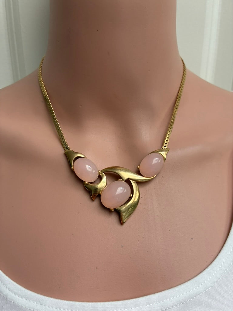 Vintage Gold Sculptural Bib Necklace — Triple Pink Cabochon Stones