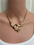 Vintage Gold Sculptural Bib Necklace — Triple Pink Cabochon Stones