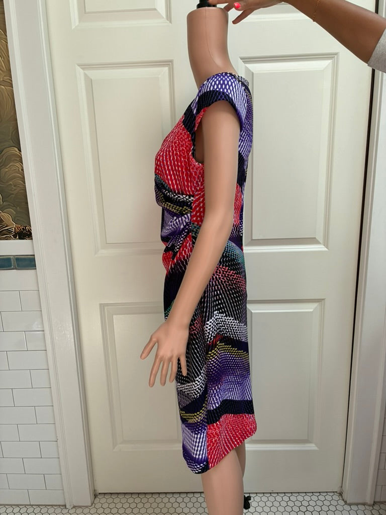 Vespar Multi-Pattern Bodycon Midi Dress | Purple, Red & Teal Chevron | Cap Sleeve | Size L