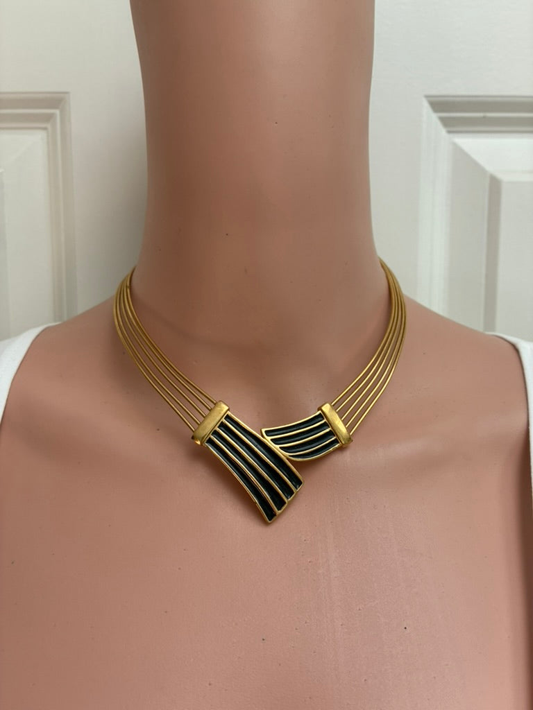 Vintage Gold-Tone Multi-Wire Collar Necklace with Black Enamel Pendant