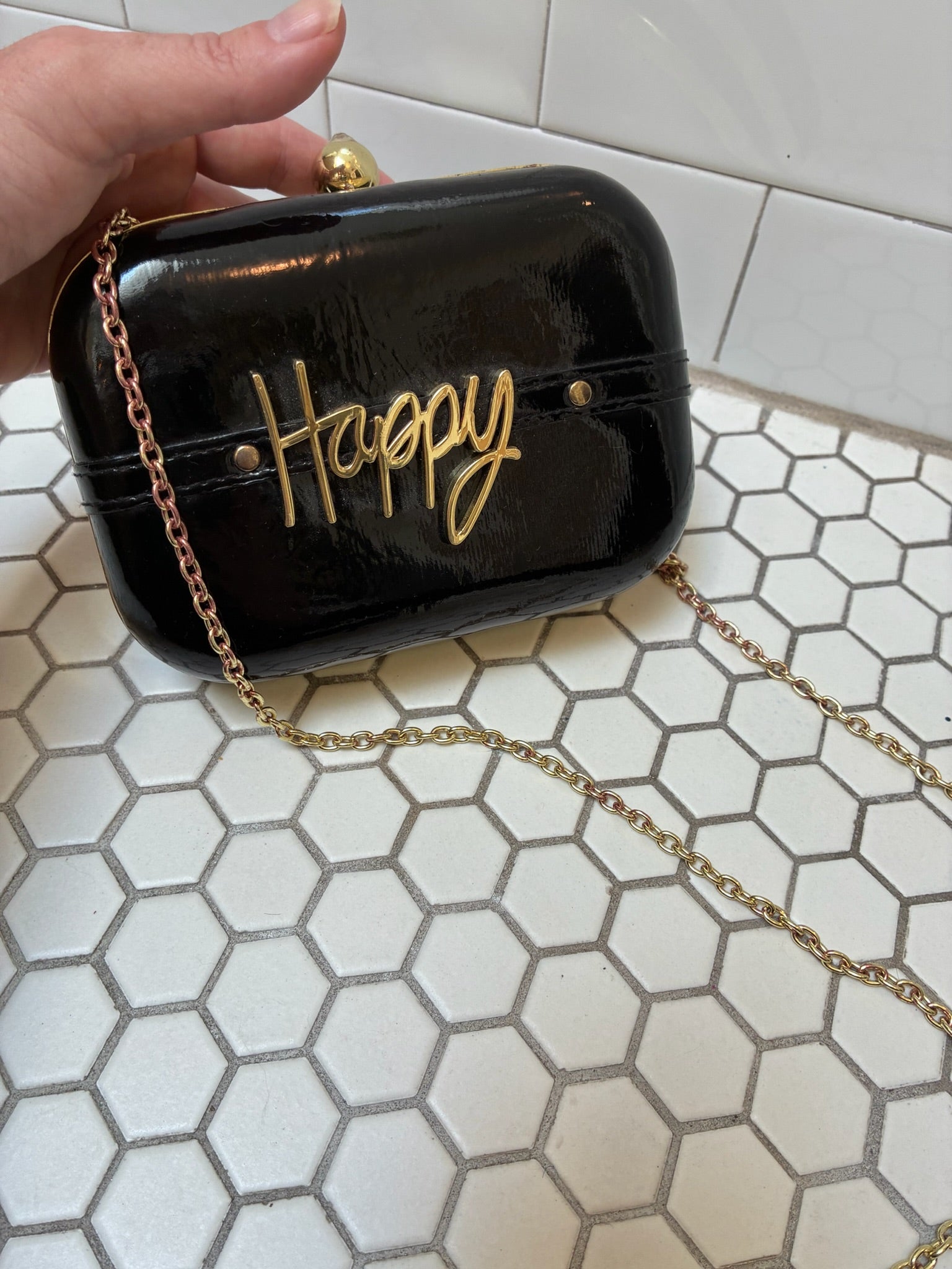 "Happy" Patent Black & Gold Minaudière Clutch