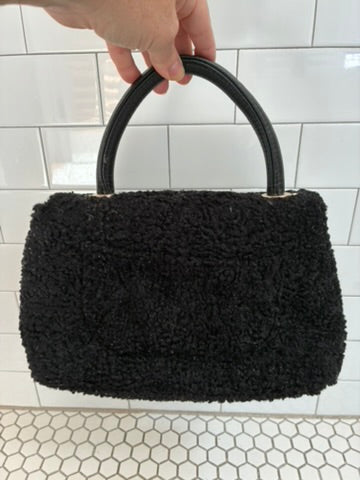 Betsey Johnson Black Boucle Beaded Patch Handbag | Robot, Rocket, Flame & Lightning | Cherry Interior