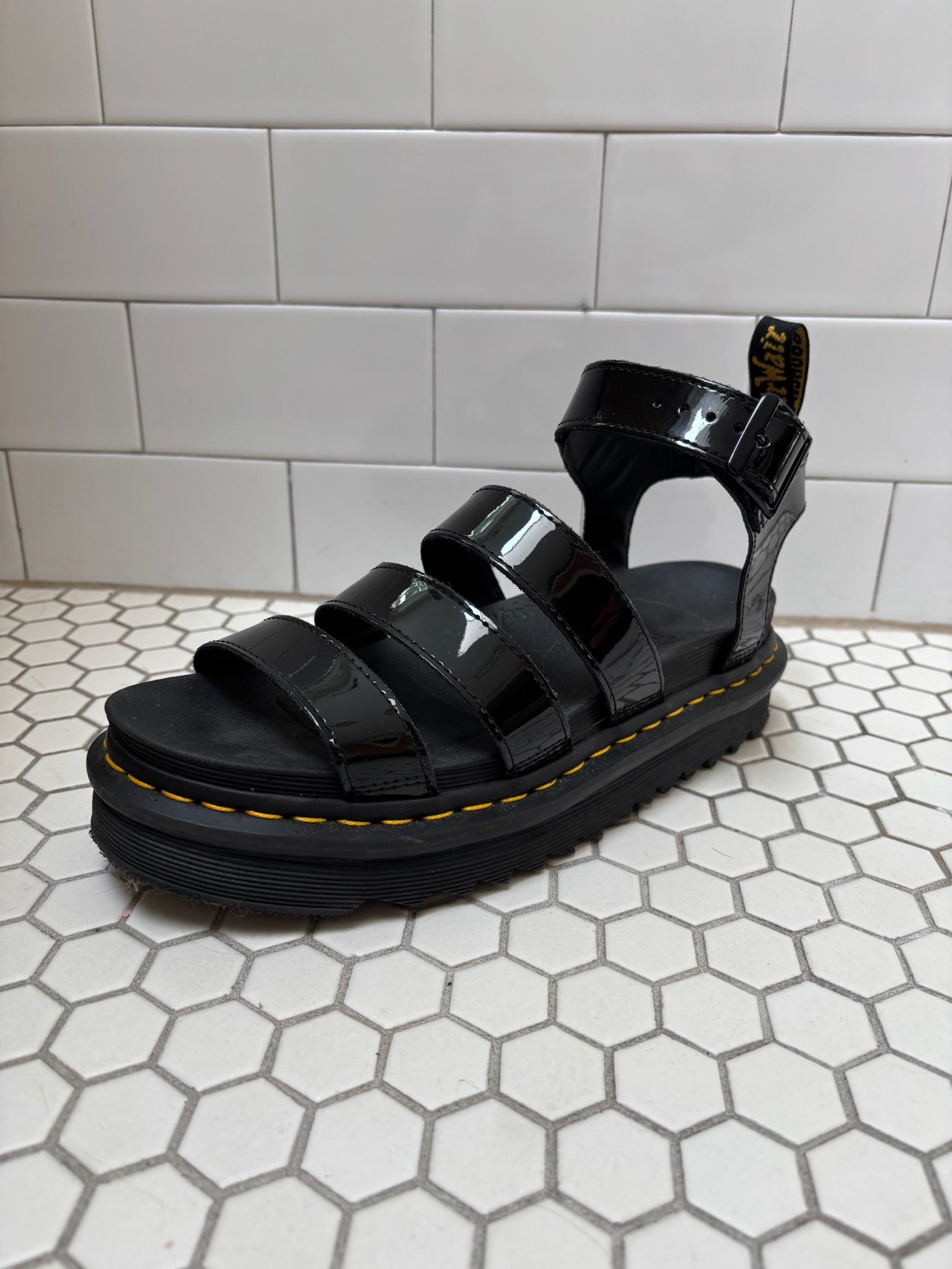Dr. Martens Blaire Platform Sandals — Black Patent Leather, Size 9