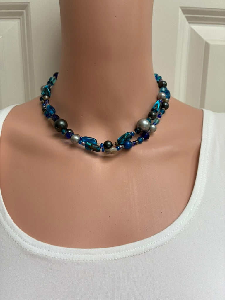 Vintage Multi-Strand Blue Beaded Necklace — Glass, Pearl & Crystal