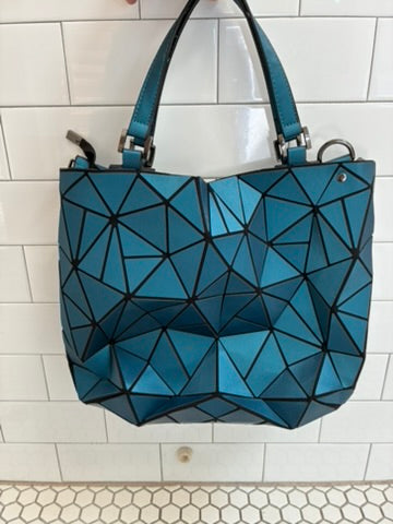 Geometric Faceted Iridescent Teal Tote Bag | Bao Bao Style | Zip Top | Dual Handles