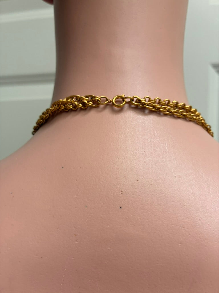 Vintage Raw Rose Quartz Chunk Pendant on Long Gold-Tone Rope Chain Necklace