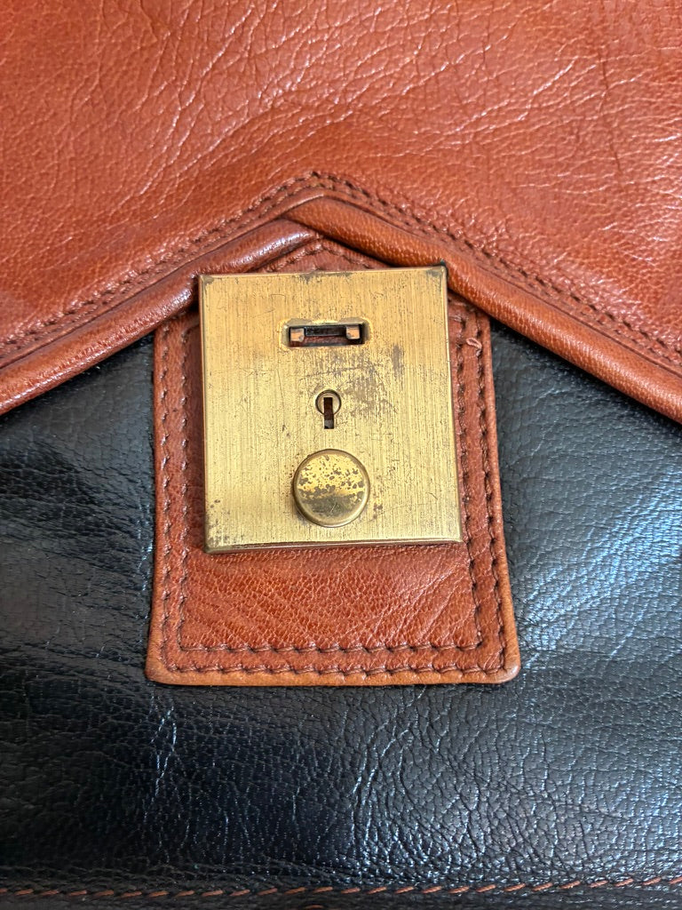 Vintage Linea Piero Italian Genuine Leather Two-Tone Envelope Clutch | Cognac & Black | Brass Lock