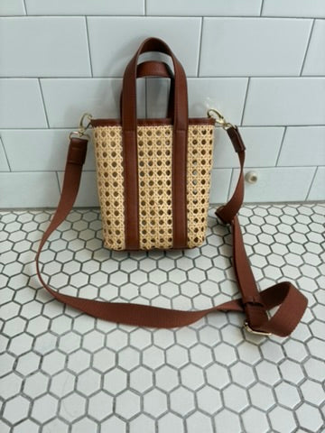 Vintage Woven Cane Tote with Cognac Leather Trim