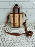 Vintage Woven Cane Tote with Cognac Leather Trim