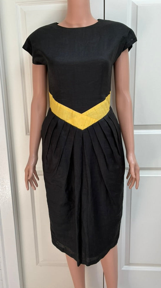Wonderland Vintage 1980s Black Linen Dress with Yellow Chevron Waist