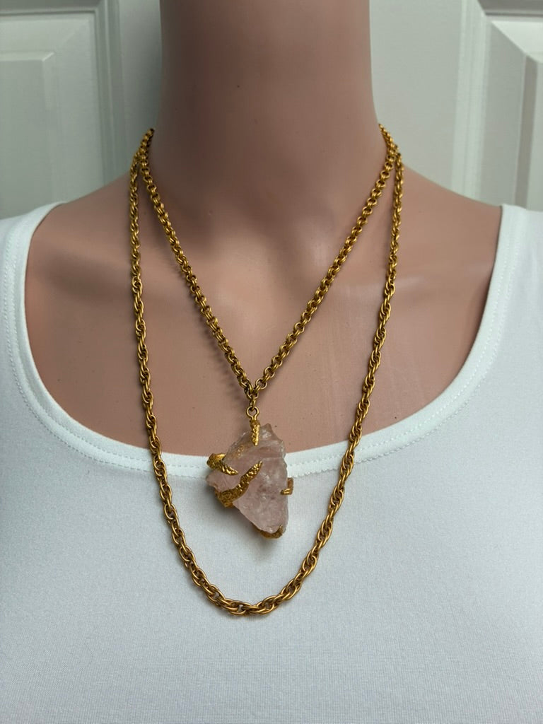 Vintage Raw Rose Quartz Chunk Pendant on Long Gold-Tone Rope Chain Necklace